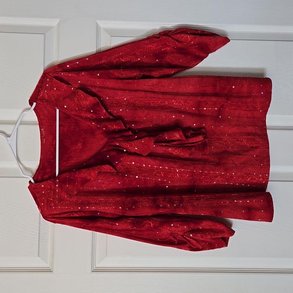 Beautiful Red Ruffle Neck Blouse with Sequins Size XL